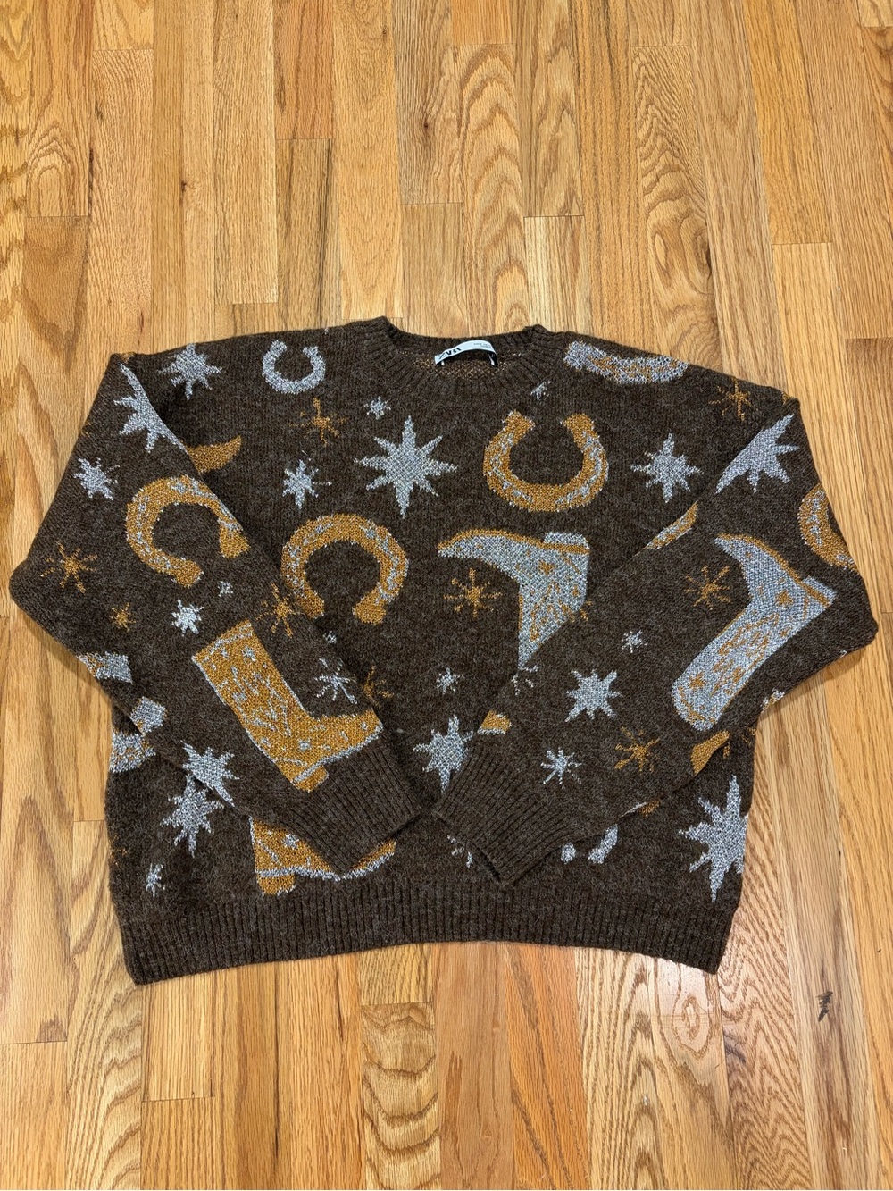 Zara Brown Crewneck Sweater with Gold and Gray Motifs